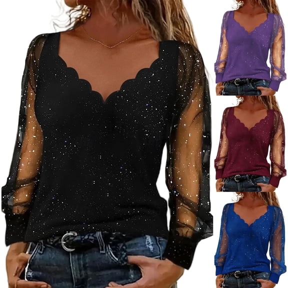 YanHoo Womens Mesh Sheer Long Sleeve Shirts V-Neck Sequin Bling Tunic Tops Dressy Business Casual Blouses Sparkly Glitter Trendy Tee Shirt Red,XXXXL