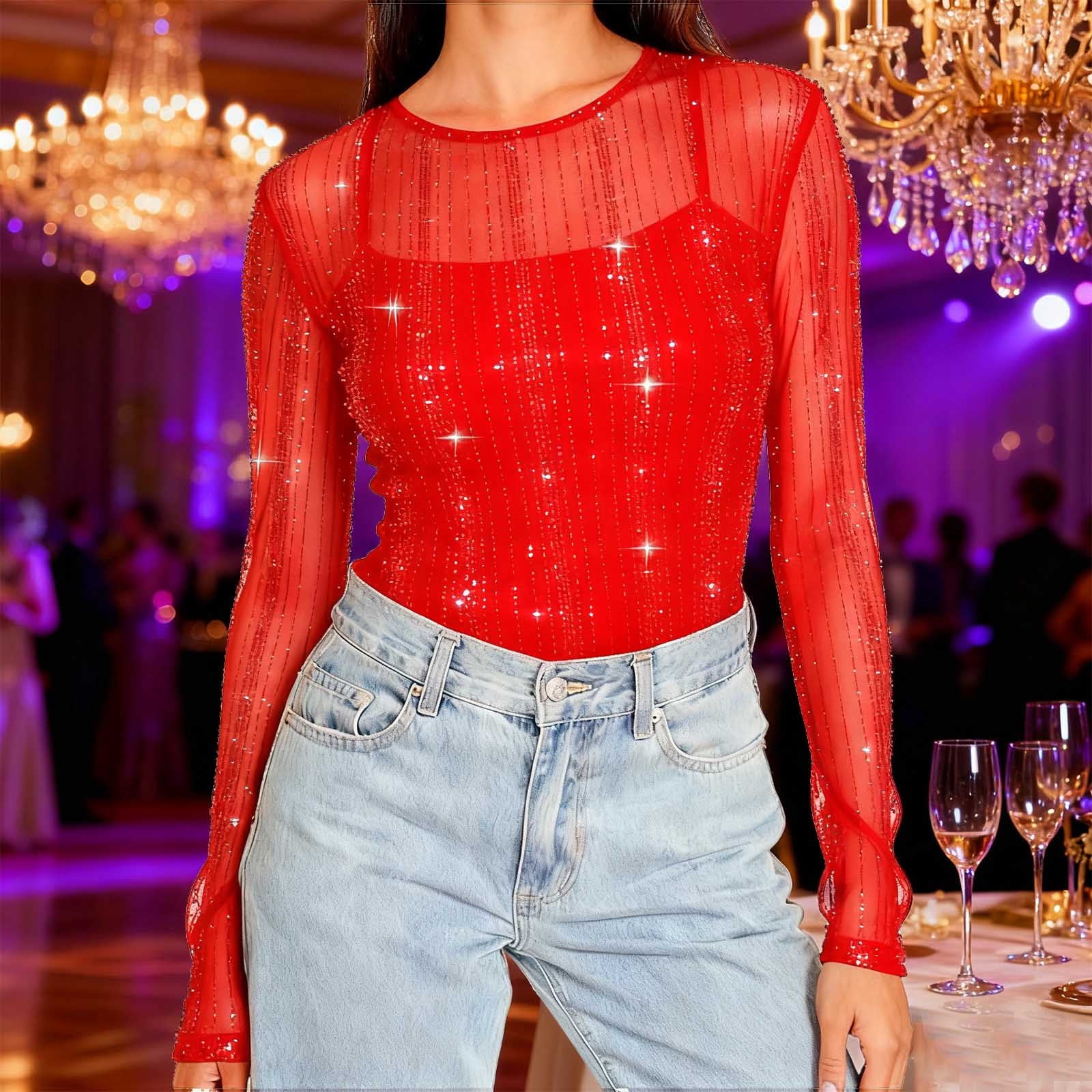 YanHoo Womens Mesh Sheer Tops Sparkly Sequin Crew Neck Long Sleeve — free download