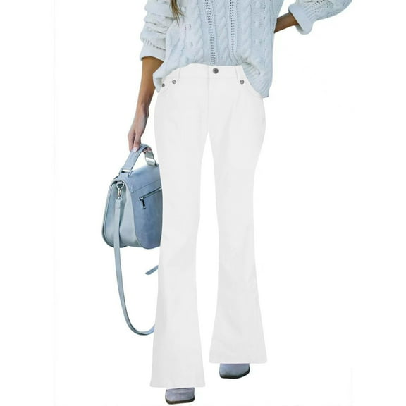 YanHoo Womens Mid Rise Flare Jean Bell Bottom High Waisted Jeans Wide Leg Bootcut Jeans Stretchy Denim Pants with Pocket White,XXL