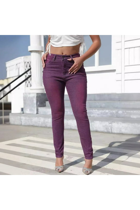 Womens Mid Waisted Jeggings Stretchy Skinny Jeans Pull On Trouser Jeans Slim Fit Denim Pant Leggings with Pockets Purple,L