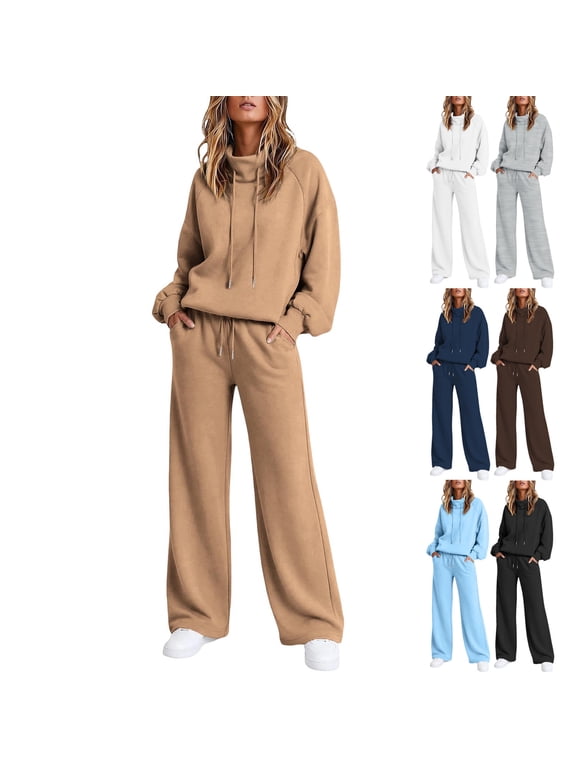 Womens Mock Neck 2 Piece Lounge Sweat Sets Sweatshirts Wide Leg Sweatpants Sweatsuits Matching Set