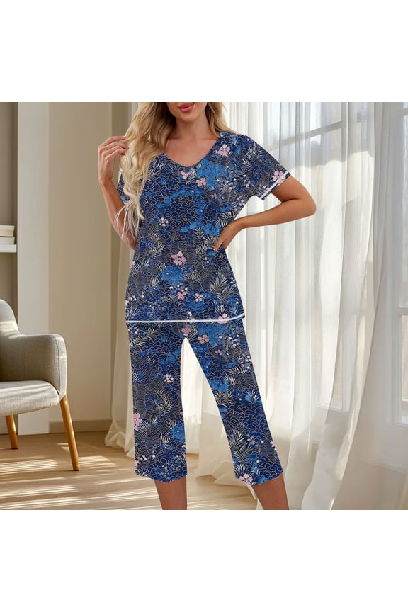 Womens Nightwear Short Sleeve Capri Pajama Set Lightweight Cozy Soft V Neck Cotton Sleep & Lounge Set Sleepwear