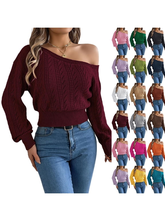 Womens Off The Shoulder Sweaters Long Sleeve Boat Neck Knitted Cropped Tops Loose Fit Pullover Sweater