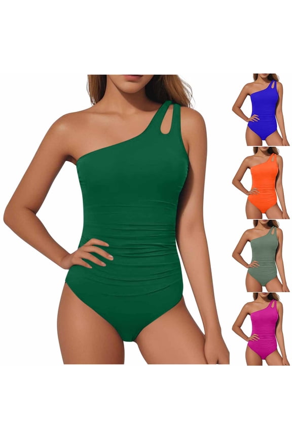 Womens One Piece Swimsuits One Shoulder Tummy Control Bathing Suits Modest Full Coverage Cutout Monikinis Swimwear Green,M