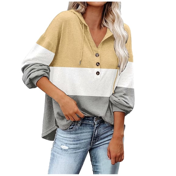 YanHoo Womens Oversized Button Hoodies Pullover Long Sleeve Color Block Tops Lightweight Button V Neck Drawstring Hooded Sweatshirts Teen Girls 2024 Fall Clothes Walmart Prime Sales
