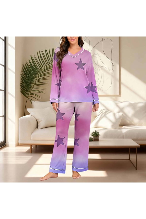Womens Pajama Sets Stars Printed V Neck Long Sleeve Pjs Lounge Set Soft Comfy Sleepwear Loungewear