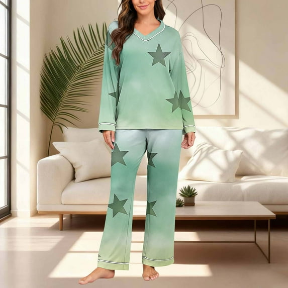 YanHoo Womens Pajama Sets Stars Printed V Neck Long Sleeve Pjs Lounge Set Soft Comfy Sleepwear Loungewear