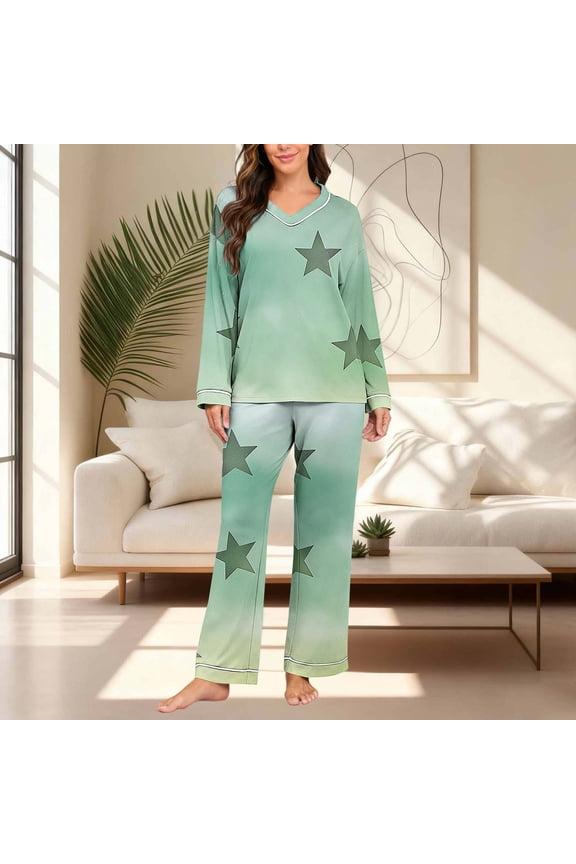 Womens Pajama Sets Stars Printed V Neck Long Sleeve Pjs Lounge Set Soft Comfy Sleepwear Loungewear