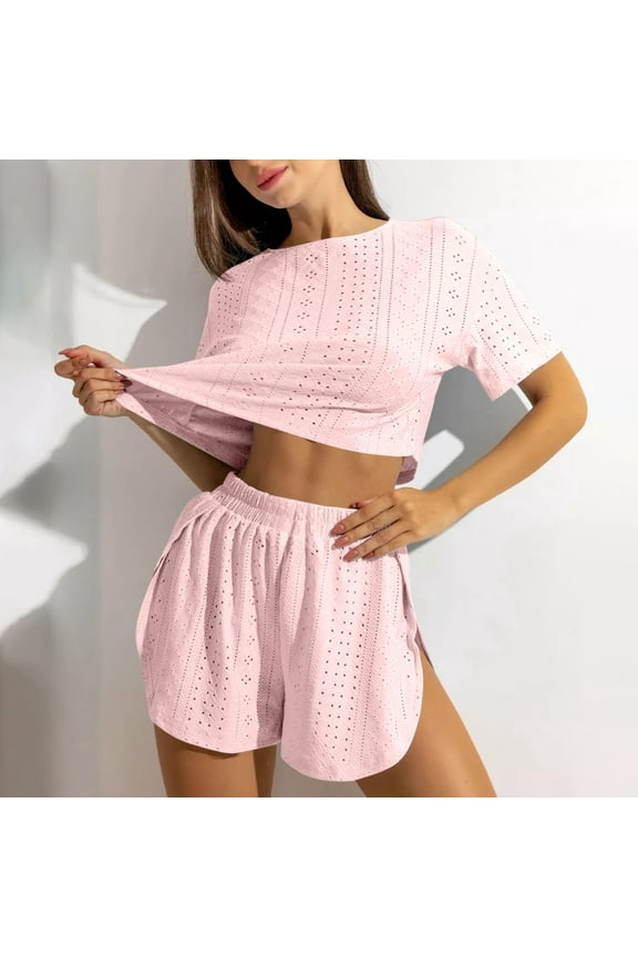 Womens Pajamas Set Eyelet Embroidered Summer Short Sleeve Tops and Shorts Pjs Comfy Soft Sleepwear