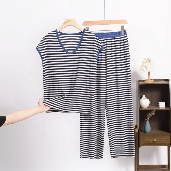 YanHoo Womens Pajamas Set Plus Size Soft 2 Piece PJ Set Loose Fit Comfy Striped Sleeveless V Neck Maternity Tops Long Pants Sleepwear Sets