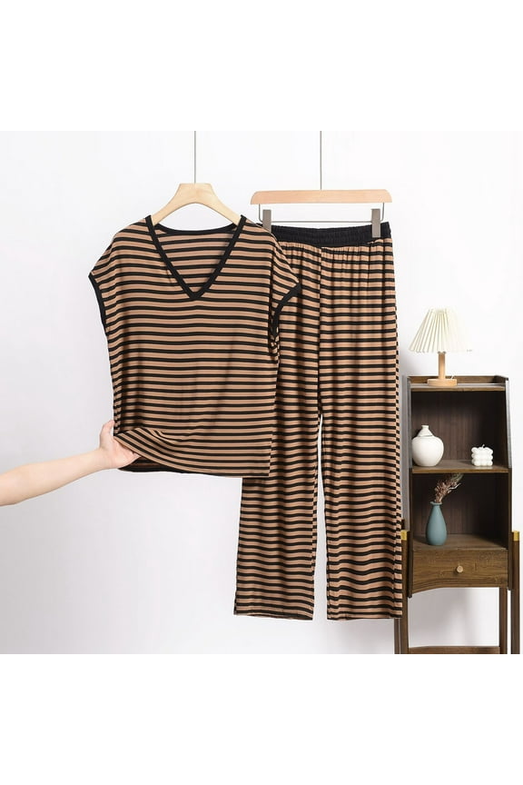 Womens Pajamas Sets 2 Piece Lounge Set Striped Sleeveless V Neck Tops and Long Pants Soft Pjs Plus Size Maternity Loungewear