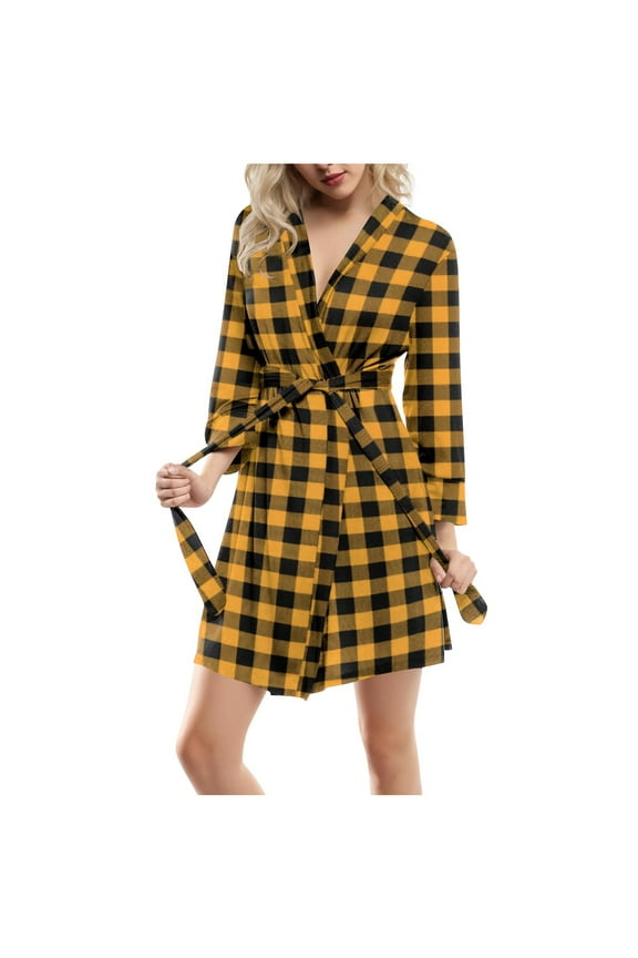 Womens Plaid Plush Robes Soft Flannel Fluffy Bathrobe Hooded Robe Sleepwear Warm Soft Fluffy Housecoat with Pockets