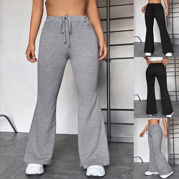 YanHoo Womens Plus Side Wide Leg Pants Elastic Waisted Drawstring Solid Color Sweatpants Casual Flared Trousers with Pockets