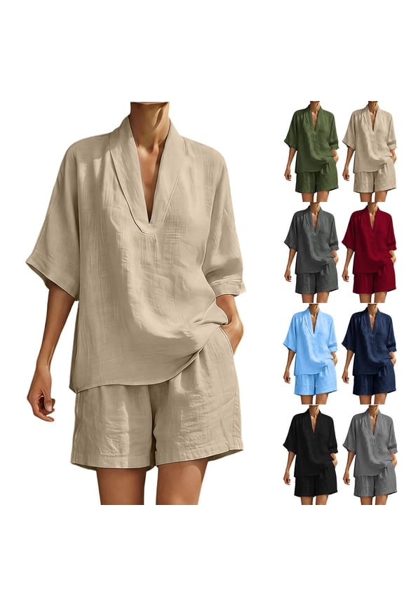 Womens Plus Size Cotton Linen Sets Short Sleeve V Neck Shirts with Shorts 2 Piece Casual Sets Outfits