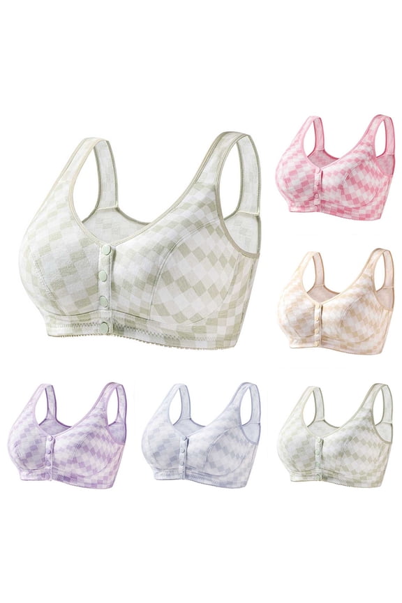 Womens Plus Size Front Closure Bras Seamless Push Up Plaid Bralettes No Underwire Wireless Bralette Full Coverage Everyday Bra