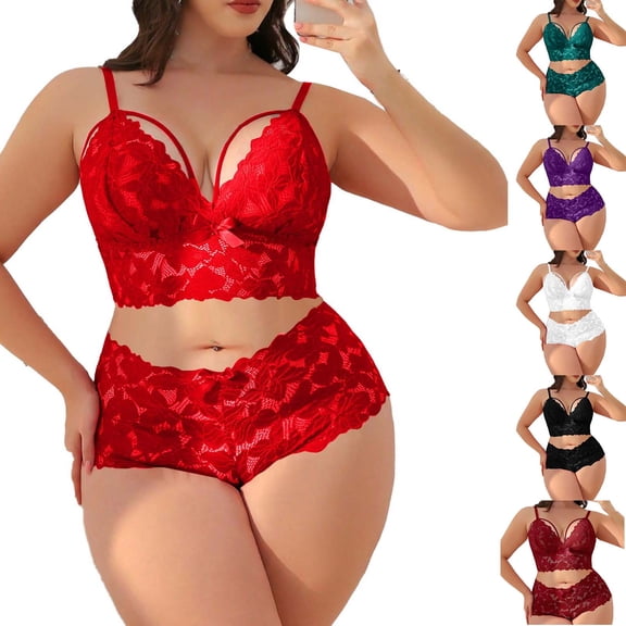 YanHoo Womens Plus Size Lace Lingerie Set Hollow Out Wireless Bra and Boyshorts Underwear Sets