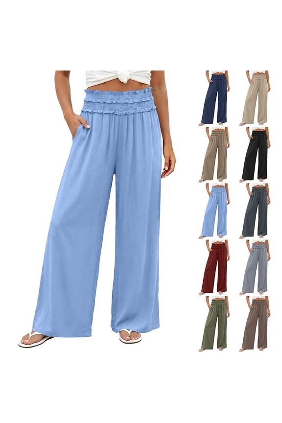 Womens Plus Size Linen Pants High Waist Solid Color Loose Wide Leg Pant Casual Straight Trosuers with Pockets