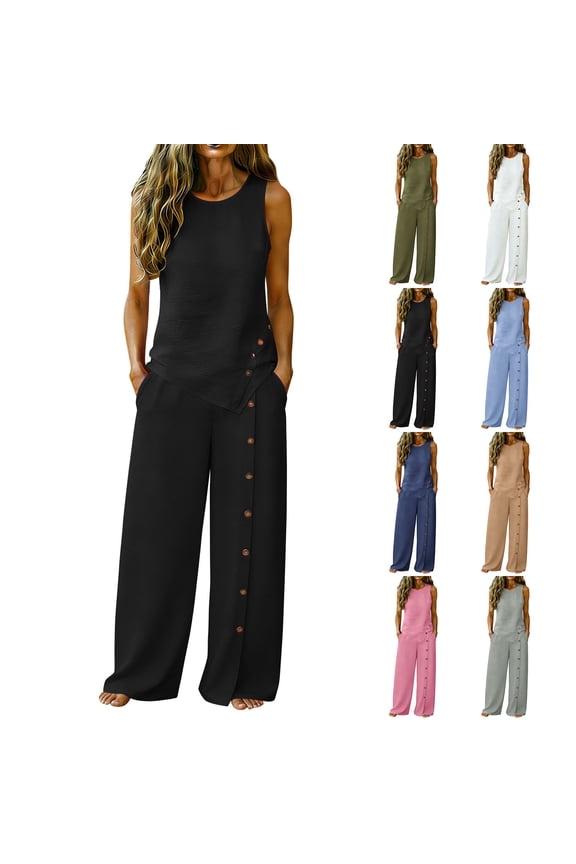 Womens Plus Size Linen Sets Buttons Sleeveless Tank Tops Matching Wide Leg Pants 2 Piece Casual Set Outfits
