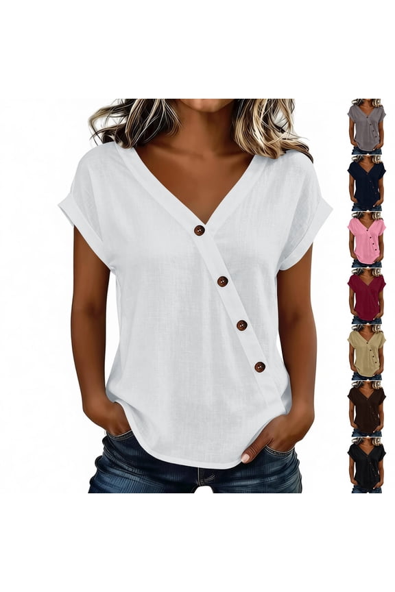 Womens Plus Size Shirts Short Sleeve V Neck Buttons T-Shirts Loose Fit Solid Color Blouses Summer Casual Going Out Tee