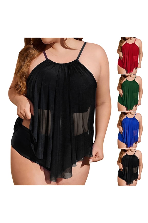 Womens Plus Size Tankini Set Tummy Control Mesh Ruffle Swimsuits Two Piece Bathing Suits Beach Swimwear with Shorts