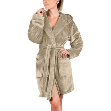 YanHoo Womens Plush Hooed Robe Lightweight Soft Flannel Fleece Short Mid Length Bathrobe Cozy Sherpa Spa Robe Nightgown Pajamas