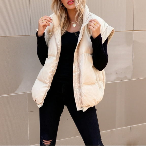 YanHoo Womens Puffer Vest Sleeveless Zip Up Quilted Jacket Solid Color Winter Warm Padded Coat Puffer Jackets Gilet Coats Beige,L