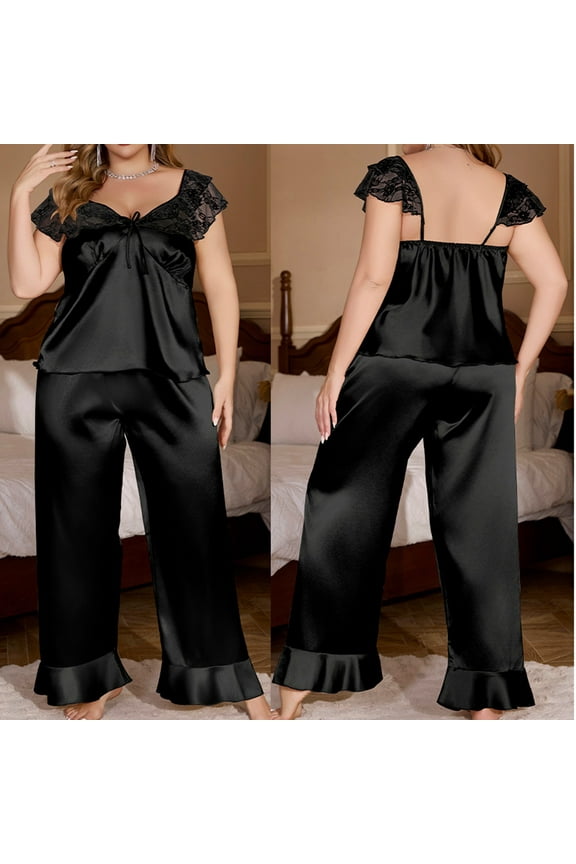 Womens Satin Silky Pajama Set Plus Size Lace Trim Short Sleeve Shirt with Long Pajama Pant Set Soft PJ Loungewear