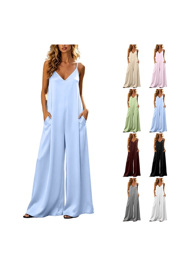 Womens Satin Wide Leg Jumpsuits Dressy Casual Flowy Spaghetti Strap Date Night Rompers One Piece Outfits