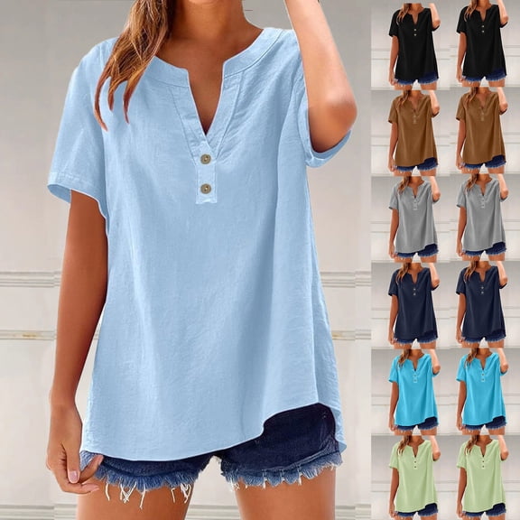 YanHoo Womens Short Sleeve Cotton Linen Shirts V Neck Button Casual Summer Tops Loose Fit Trendy Cute Basic Tee Tshirt Navy,M