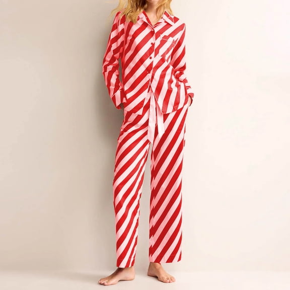 YanHoo Womens Silk Satin Pajamas Set Striped Button Down 2 Piece Pjs Long Sleeve Pants Sets Sleepwear with Pocket