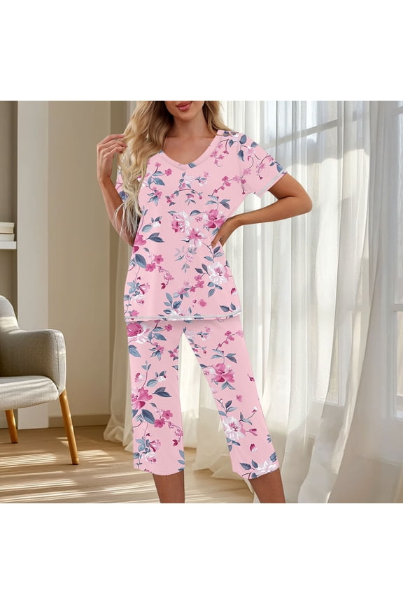 Womens Sleepwear Capri Pants Pajama Set 2026 Summer Short Sleeve V Neck Top & Pockets Pant Lounge Sets S-XXL