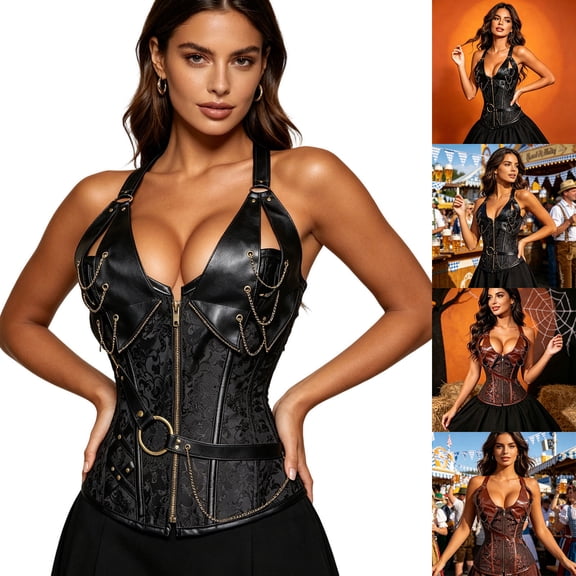 YanHoo Womens Steampunk Leather Corset Plus Size Gothic Corsets Top Boned Retro Goth Bustier for Cosplay Lovers