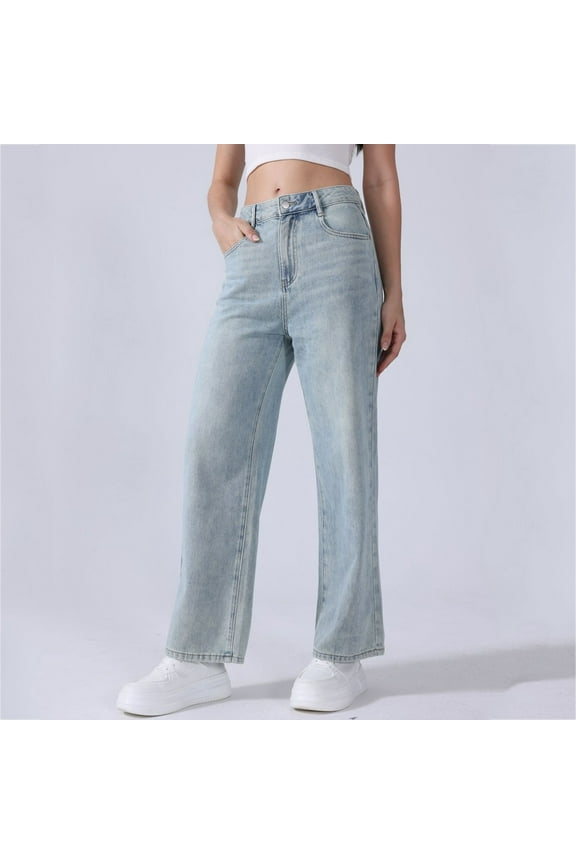 Womens Straight Wide Leg Jeans High Waisted Comfort Casual Baggy Jean for Women Stretch Denim Pants with Pockets Light Blue,XS