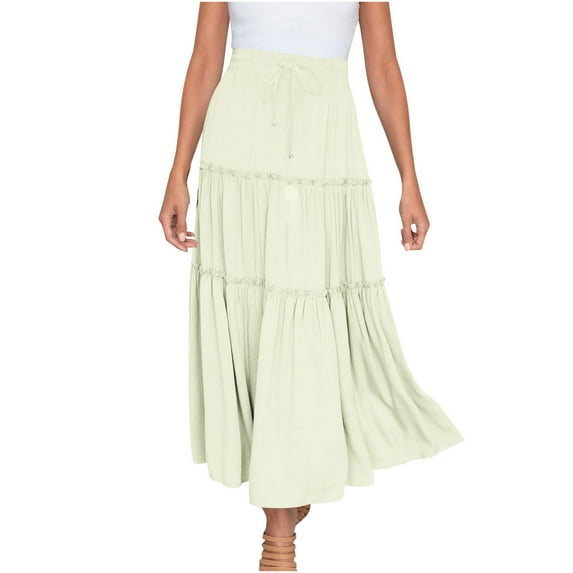 YanHoo Womens Summer Maxi Skirts 2024 Boho Ruffle Skirt Elastic Waist Pleated Flowy Skirt A-Line Swing Tiered Beach Skirts