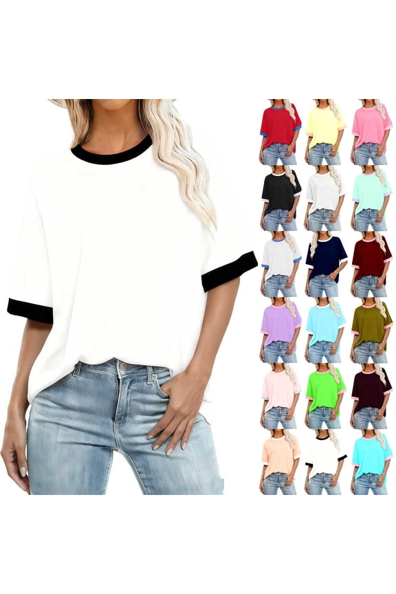 Womens Summer Tops 2026 Plus Size Crewneck Short Sleeve Basic Tee Shirts Loose Fit Color Block Trendy Casual Spring T-Shirts Black,XXXXXL