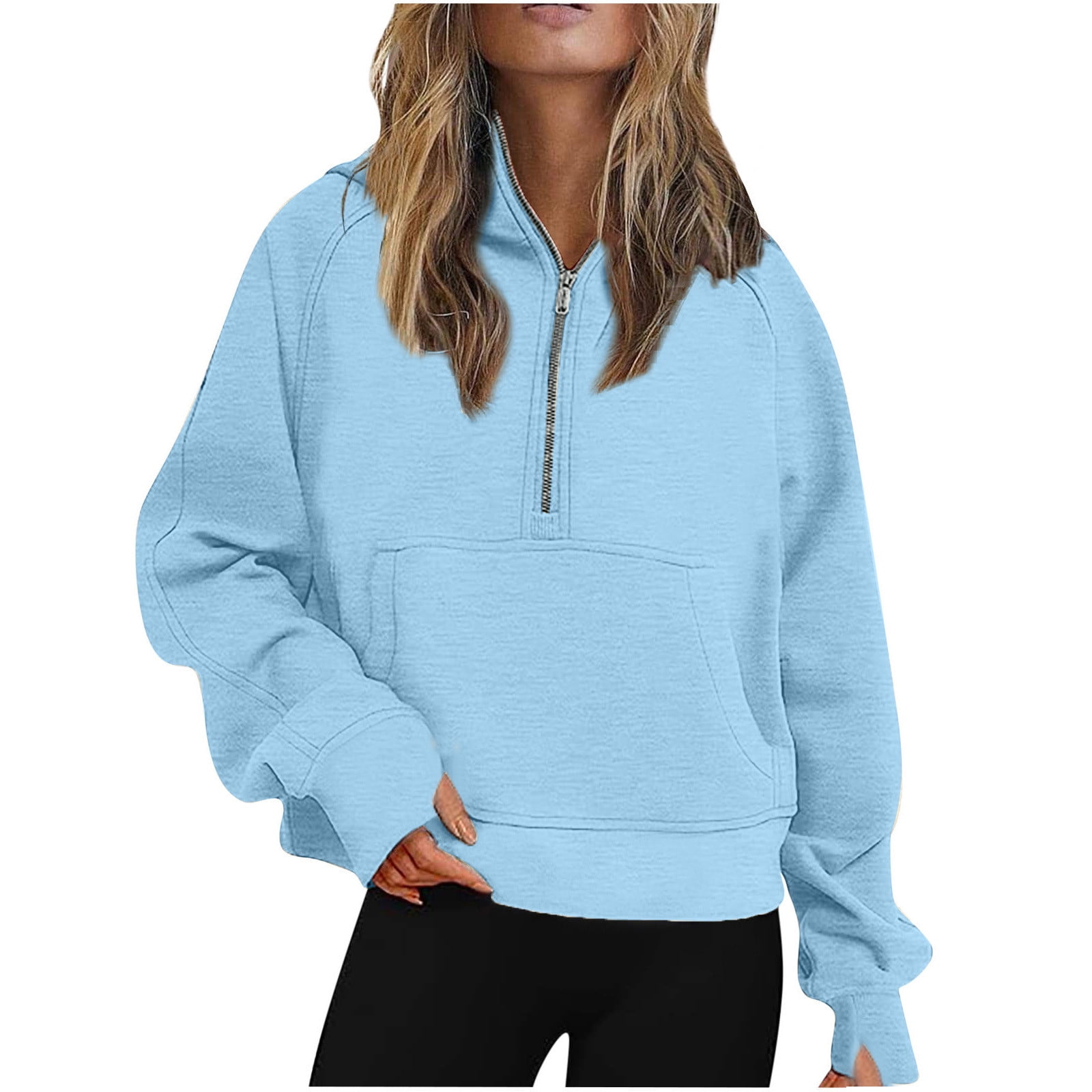 YanHoo Womens Half Zip Up Hoodies Teen Girls Y2K Cropped Sweatshirts Fleece Quarter  Zip Up Long Sleeve Pullover Sweater Tops with Pocket 