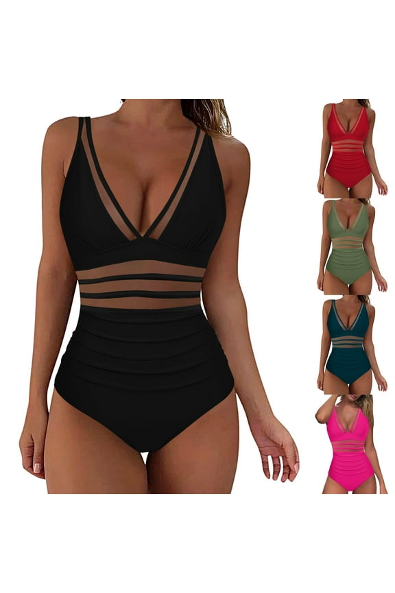 Womens Swimsuit 2026 Mesh Tummy Control Swimwear One Piece Push Up Deep V Neck Monokinis High Waisted Bathing Suits Black,XXL