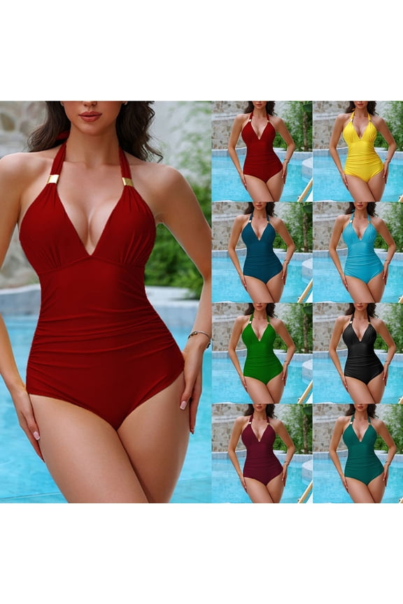 Womens Swimsuit Tummy Control One Piece Bathing Suit Plunge V Neck Push Up Monokini Slimming Ruched Halter Swimwear Black,M