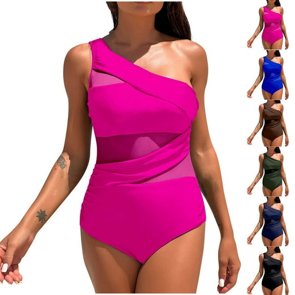 YanHoo Womens Swimsuits Mesh One Piece Swimsuit Tummy Control One Shoulder Bathing Suit High Cut Slimming Monokini Swimwear Navy,M