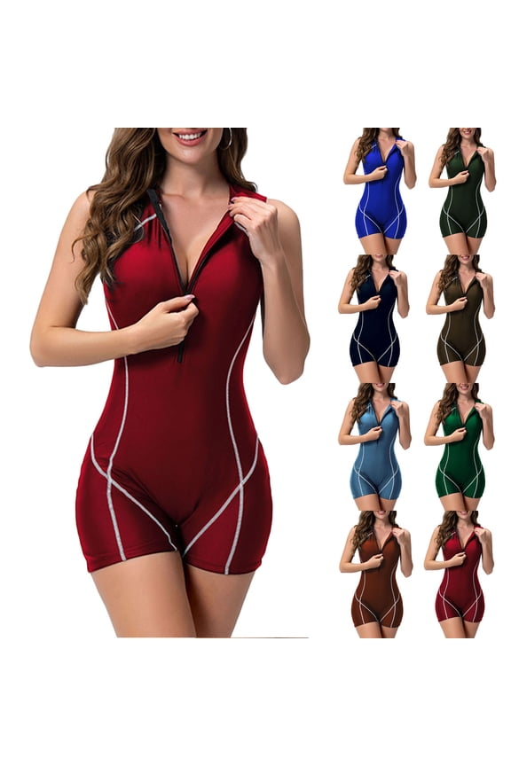 Womens Swimsuits One Piece Boyleg Rash Guard Swimsuit Sleeveless Half Zipper Surfing Swimwear Sport Bathing Suits Coffee,S