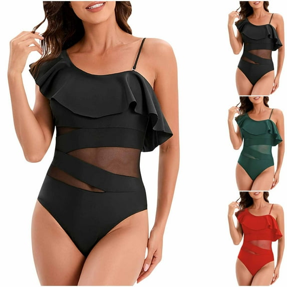 YanHoo Womens Swimsuits One Piece Flounce Ruffled One Shoulder Monokini Swimwear Mesh Patchwork Tummy Control Bathing Suit Black,XL