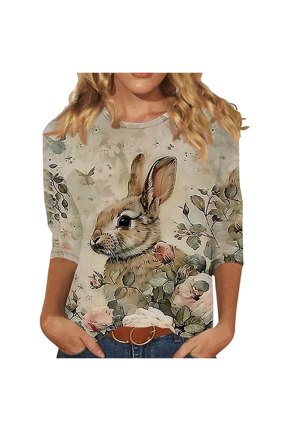 Womens Tops 3/4 Sleeve Round Neck Easter Printed Casual T-Shirt Happy Easter Bunny Tops Funny Spring Shirts Cute Easter Eggs Graphic Tee Shirts Easter Gifts for Women