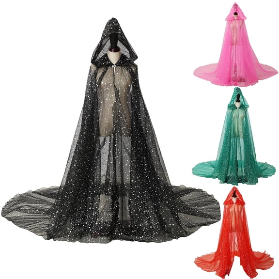 YanHoo Womens Tulle Hooded Cape Elf Cloak Bridal Dress Robe with Long Train Witch Cloaks Costume for Party Halloween