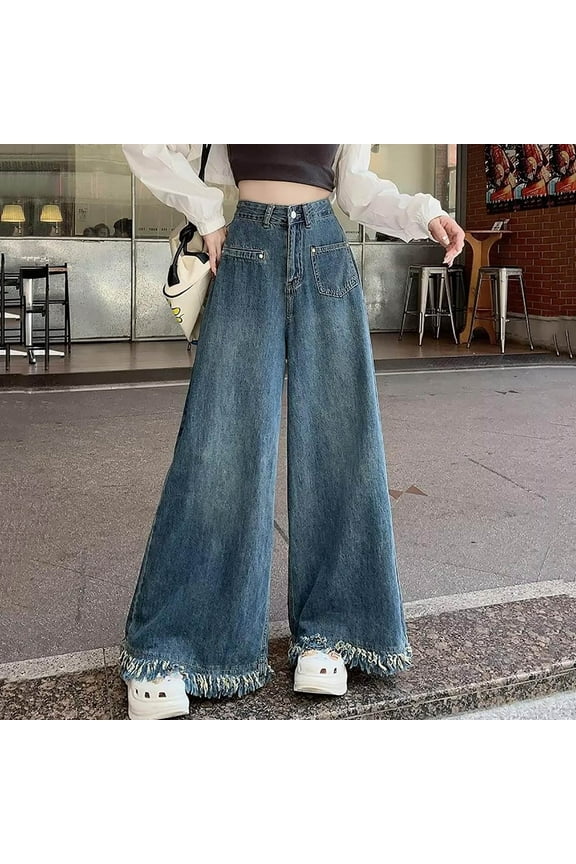 Womens Wide Leg Jeans Frayed Hem Casual Baggy High Waisted Straight Leg Jeans Stretch Flowy Denim Pants with Pockets Dark Blue,M