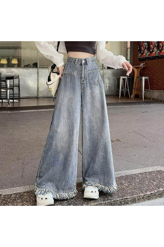 Womens Wide Leg Jeans Frayed Hem Casual Baggy High Waisted Straight Leg Jeans Stretch Flowy Denim Pants with Pockets Light Blue,L