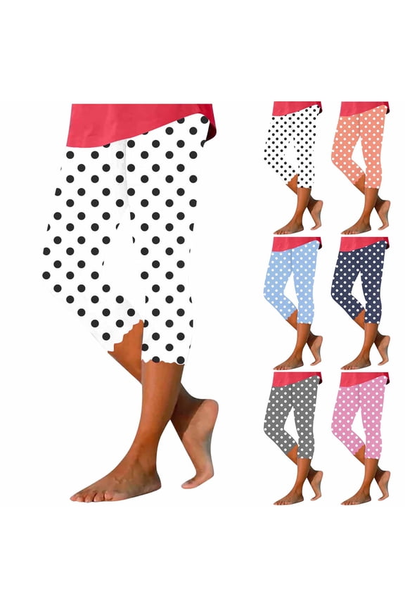 Womens Workout Capris Pants High Waist Polka Dot Yoga Leggings Summer Casual Slim Fit Cropped Trousers