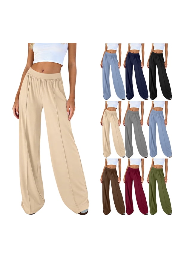 Womens Workout Pants Elastic Waist Solid Color Wide Leg Trousers Loose Casual Straight Sweatpants with Pockets