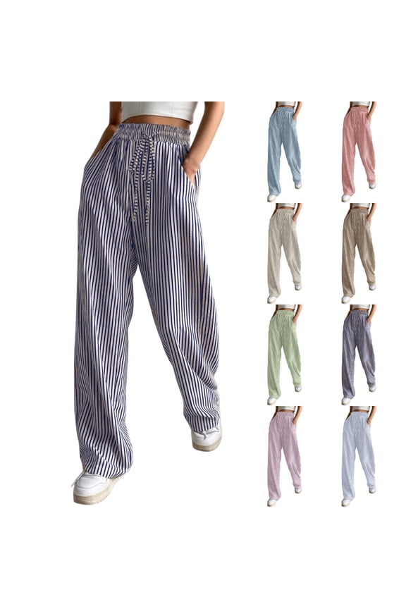 Workout Pants for Women Elastic Waisted Drawstring Striped Sweatpants Casual Trousers with Pockets