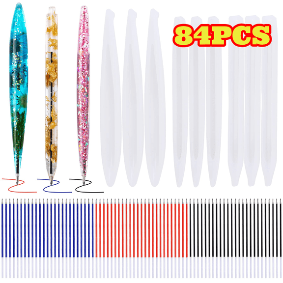 YanJici Epoxy Resin Molds Set, 9 Pen Silicone Molds, 75 Black Blue and Red Ballpoint Refills, Epoxy Resin Casting Molds for DIY Resin Crafts Making