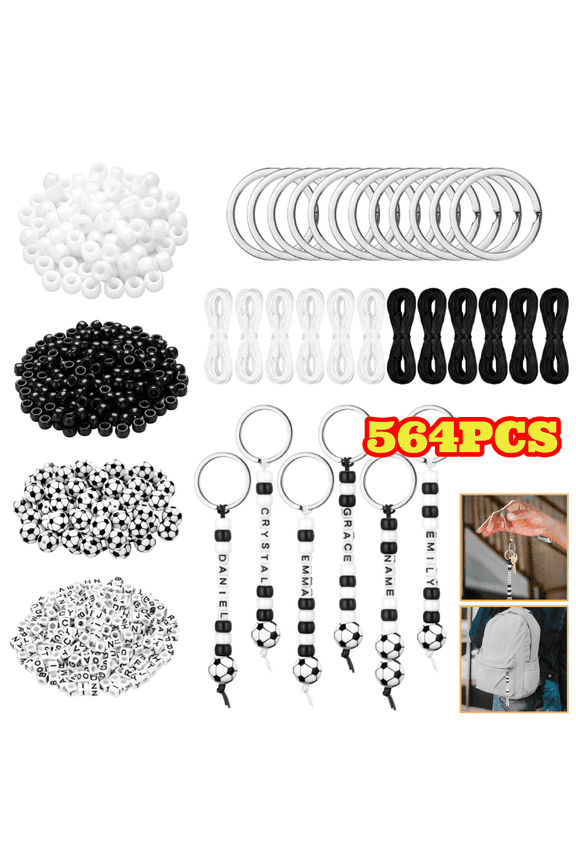 Soccer Keychain Making Kit, Including 300 Letter Beads, 200 White & Black beads, 40 Soccer Beads, 12 Metal Key Rings, 12 Rolls String